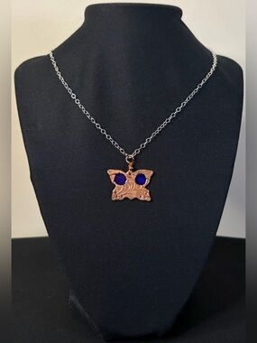 Copper Blue Enamel Butterfly Sterling Silver Artisan Crafted Necklace